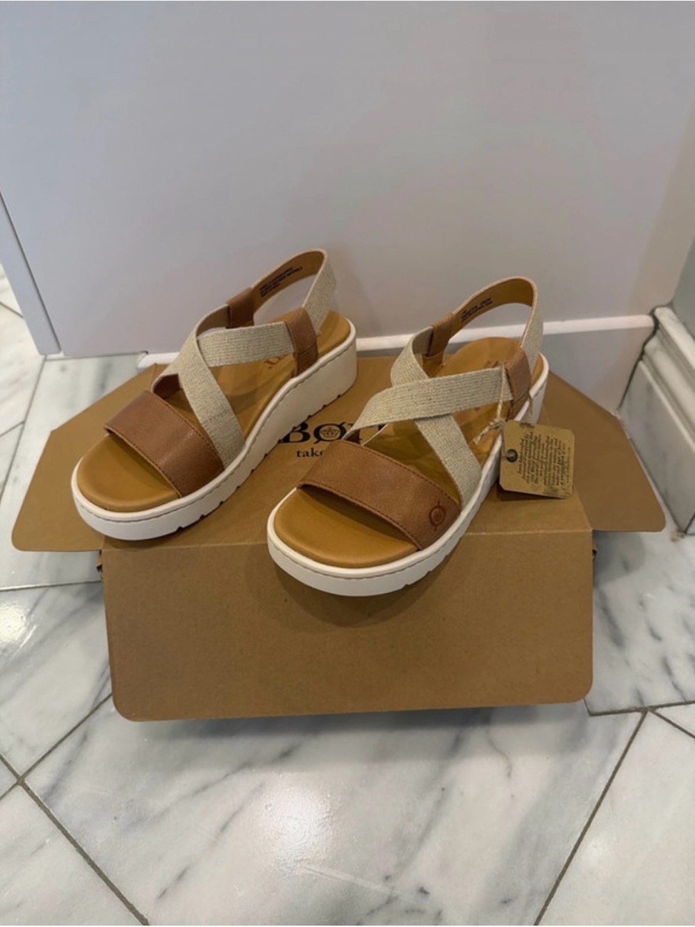Born Tan Leather & Cream Elastic Platform Slingback Sandals